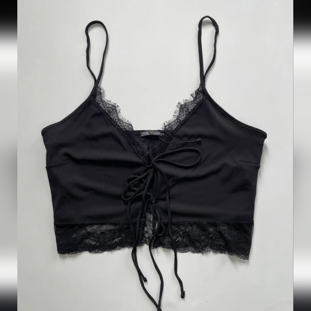 Black Satin Lace Trim Camisole Boho Tie Front Slip Y2K Coquette Tank Top New